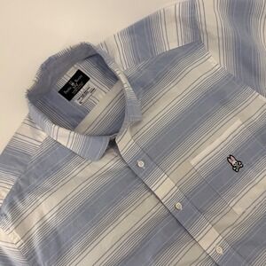 Psycho Bunny Mens XL Blue White Striped Pima Cotton Short Sleeve Button Up